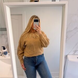 H&M Tan Sweater with Pearl Accents